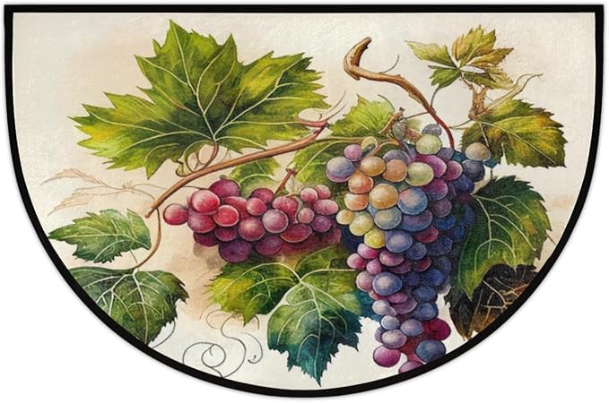 Hand Painting Fruit Grape Half Round Doormat Washable Semi Circle Area Rug Non Slip Absorbent Half Moon Rugs for Indoor Outdoor Kitchen Bathroom Bedroom Living Room Fireplace Floor Carpet Decor