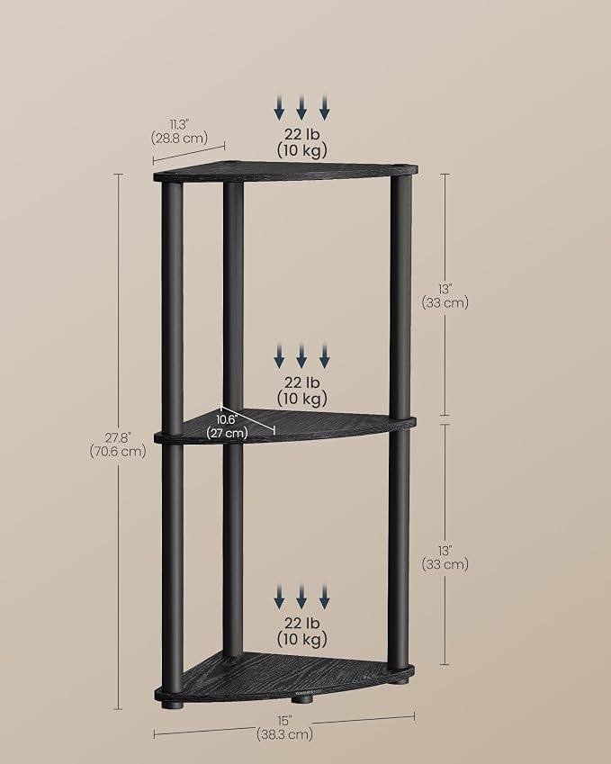 SONGMICS HOME Superfast Toolless Assembly, Corner Shelf Stand, 3-Tier Corner Standing Shelf, Living Room, Bedroom, Kitchen, 15 x 10.6 x 27.8 Inches, Ink Black ULBC620B01