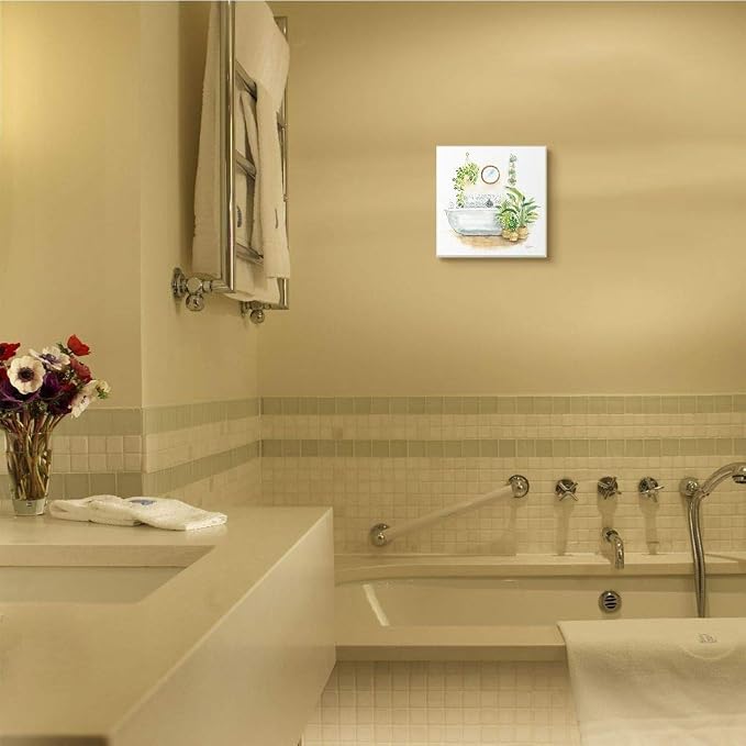 Stupell Industries Serene Bathroom Interior with Greenery Plants Painting | Stupell Industries | 12 x 12 Inches, Easy to Hang and Sturdy, Made in USA, by Sue Schlabach
