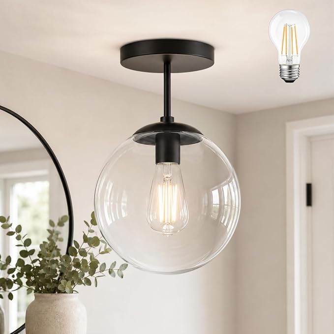 Globe Semi Flush Mount Ceiling Light Clear Glass Globe Ceiling Light Matte Black Finish Contemporary Mid Century Modern Style Lighting Fixture Hallway Living Room Kitchen Bedroom Storage (Bulb Incl.)