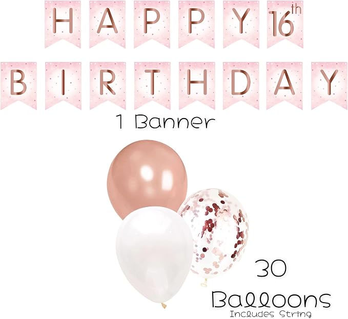 Oojami Sweet 16 Party Supplies for Girls, Serves 24 – Rose Gold Plates, Napkins, Cups, Table Covers, Balloons, Banner, Cake Topper & Candle – 16th Birthday Decorations Set