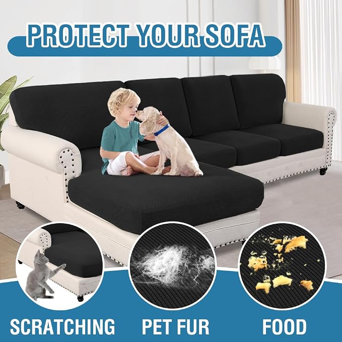 H.VERSAILTEX Sectional Couch Covers 8 Pieces Stretch Sofa Covers for Sectional Sofa Set Separate L Shaped Couch Cover for Both Left/Right Couch (Seat and Back: 1 Chaise + 3 Sofa, Black)