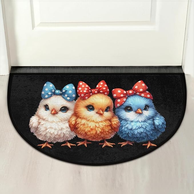 Half Round Doormat Colorful Animal Chick Washable Semi Circle Mat Non Slip Absorbent Half Moon Rugs for Indoor Outdoor Entrance Kitchen Bathroom Bedroom Patio Fireplace Floor Carpet Decor