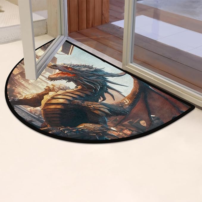 Dragon Half Round Doormat Non-Slip Semi Circle Rug Half Moon Mat | Retro Rustic Animal Washable Soft Absorbent Indoor Outdoor Entrance Kitchen Bathroom Sink Patio Welcome Fireplace Floor Rug
