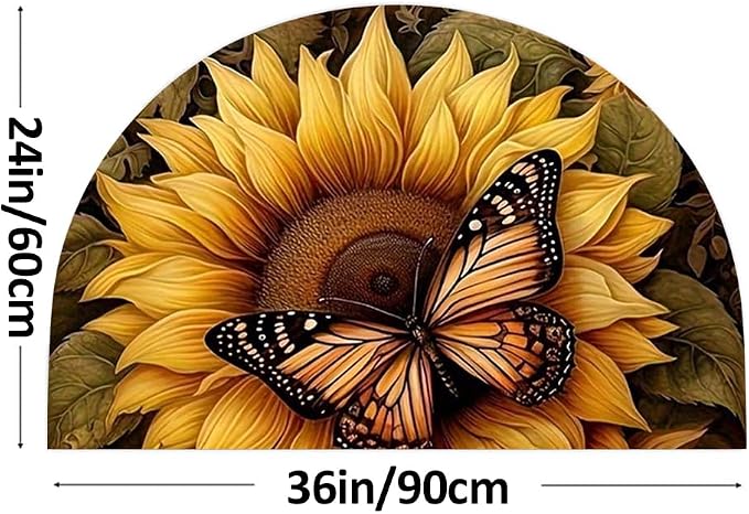 Fchen art Bright Sunflower Butterfly Half Round Door Mat – Non Slip Washable Semi Circle Area Rug, Summer Floral Indoor/Outdoor Entrance Doormat for Entryway Kitchen Bathroom, 32x47 Inches