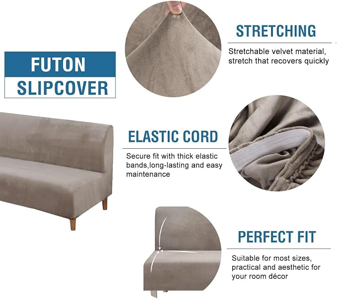 H.VERSAILTEX Real Velvet Futon Cover Armless Sofa Covers Sofa Bed Covers Stretch Futon Couch Cover Sofa Slipcover Furniture Protector Thick Soft Velvet Fabric Form Fitted Stay in Place, Taupe