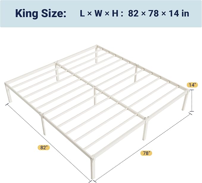Allewie King Size Bed Frame, 14 inch Metal Beds with Storage Space, Beige | Heavy-Duty Metal Platform Beds, Large Under-Bed Storage Space, No Box Spring Needed, Easy Assembly