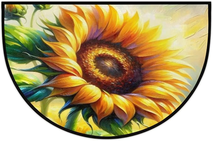 Sunflowers Half Round Doormat Non-Slip Semi Circle Rug Half Moon Mat | Painting Flower Washable Soft Absorbent Indoor Outdoor Entrance Kitchen Bathroom Sink Patio Welcome Fireplace Floor Rug