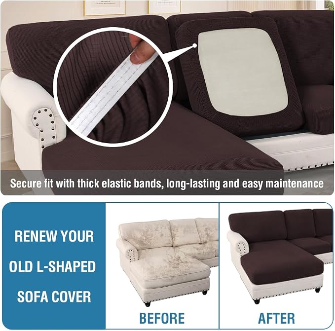 H.VERSAILTEX Sectional Couch Covers 6 Pieces Stretch Sofa Covers for Sectional Sofa Set Separate L Shaped Couch Cover for Both Left/Right Couch (Seat and Back: 1 Chaise + 2 Sofa, Chocolate)