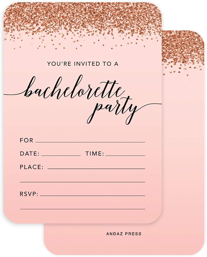 Andaz Press Blush Pink and Rose Gold Glitter Elegant Party Collection, 5x7-inch Invitations with Envelopes, Bachelorette Party, 24-Pack, Double Sided Printing, Heavy Card Stock, Includes Envelopes