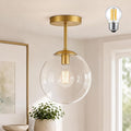 KoKo&Yukina Mid Century Modern Globe Semi Flush Mount Ceiling Light Fixture Clear Glass with Gold Brass Finish Globe Ceiling Light for Aisle Porch Stairway Closet Kitchen Laundry Room(Bulb Incl.)