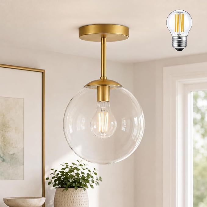 KoKo&Yukina Mid Century Modern Globe Semi Flush Mount Ceiling Light Fixture Clear Glass with Gold Brass Finish Globe Ceiling Light for Aisle Porch Stairway Closet Kitchen Laundry Room(Bulb Incl.)