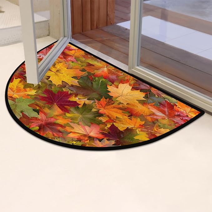 cfpolar Half Round Door Mat Fall Maple Leaves Yellow Non-Slip Semi Circle Area Rug Washable Half Moon Hearth Rugs for Indoor Outdoor Bathroom Kitchen Patio Runner Mat Laundry Room Home Decoration