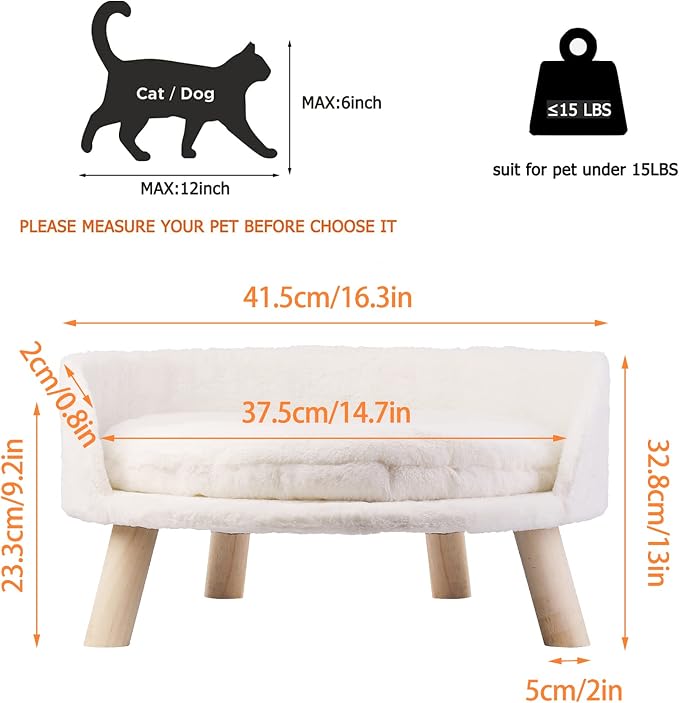 Elevated Dog Bed: Cat Bed for Indoor Cats with Cozy Pad Waterproof - Nordic Cat Stool Chair with Sturdy Wood Legs Anti Slip for Puppy Kitten