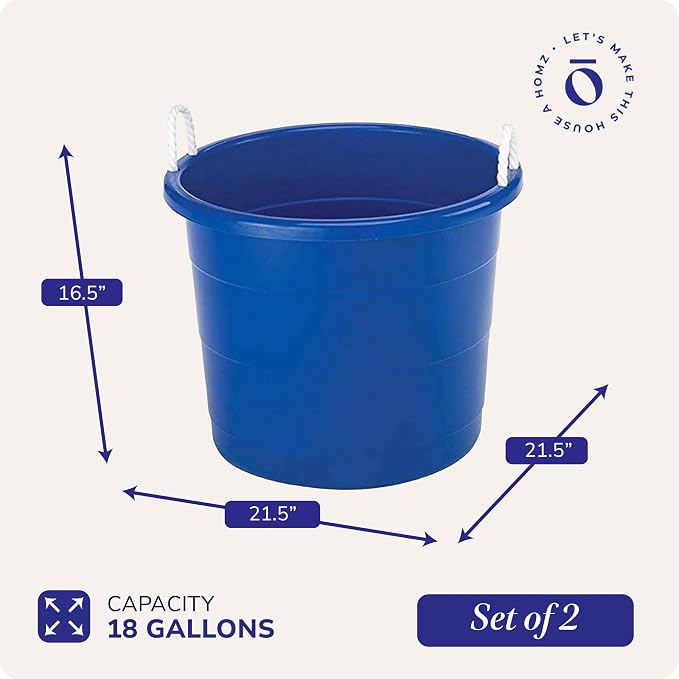 Homz 2 Pack of 17 Gallon Storage Buckets, Durable Plastic Containers, Sturdy Rope Handles, Large Tubs for Sports Equipment, Party Cooler, Gardening, Toys and Laundry, Blue