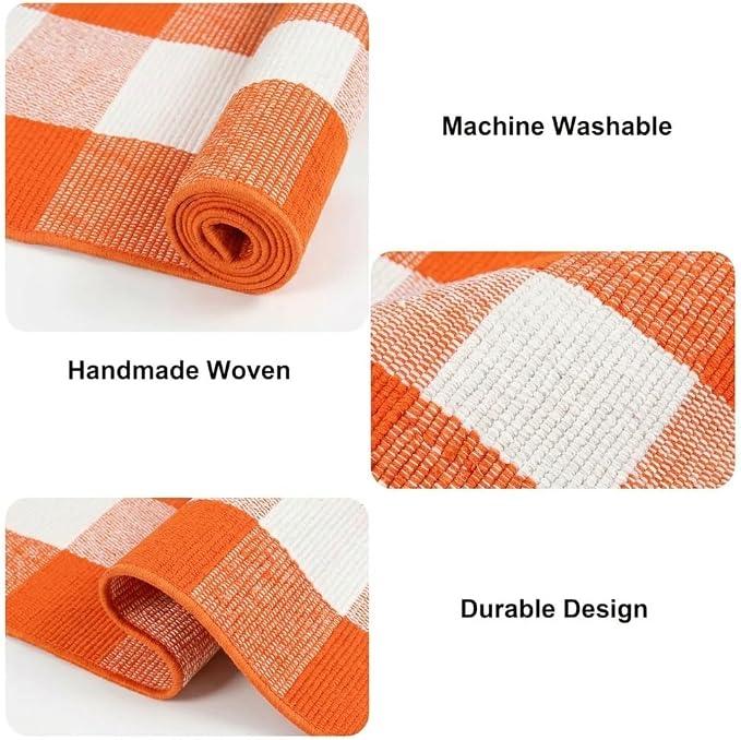 Buffalo Plaid Rug 4' x 6' Orange and White Halloween Front Doomat Reversible Layered Porch Rug Washable Hand Woven Cotton Area Rug for Indoor Outdoor Living Dining Room Bedroom Kitchen Porch Decor