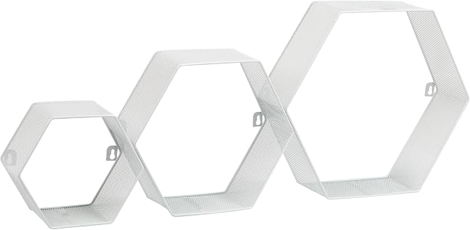 Mind Reader Hexagon Floating Shelves, Wall Decor, Honeycomb Accent Shelf, Office, Metal Mesh, 14" L x 4" W x 12" H, Set of 3, White