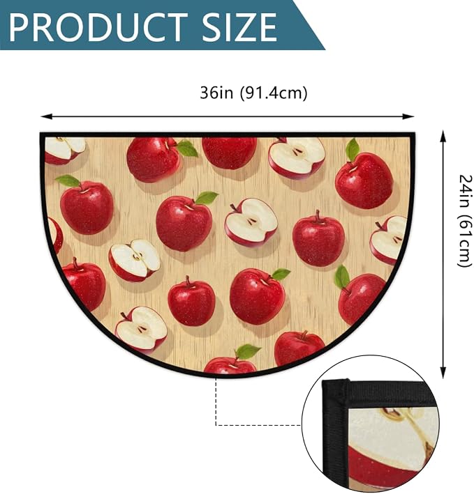 Pardick Half Round Door Mat Red Apples Anti-Slip Semi Circle Rug 24X36 Indoor Door Mat Half Moon Bath Mat, Washable Decorative Floor Mat for Kitchen Bathroom Hearth Fireplace