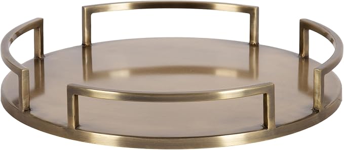 Kate and Laurel Gohana Round Tray with Metal Handles; 16 Inch Diameter; Antique Brass; Modern Glam Serving Tray with Handles for Use as Ottoman Topper or Living Room Decor