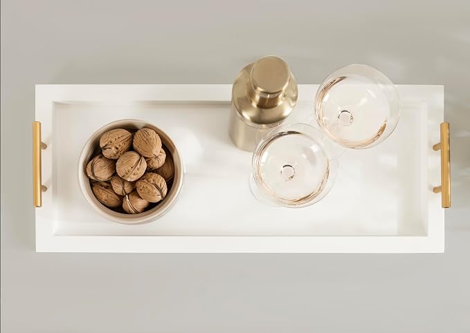 Kate and Laurel Halsey Rectangle Decorative Narrow Tray with Gold Metal Handles; 24 x 10; White and Gold; Modern Glam Slim Serving Tray with Handles for Living Room Decor