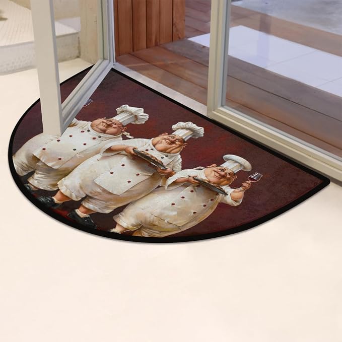Chef Half Round Rug Half Moon Door Mat Half Circle Rugs | White Fat Washable Non-Slip Semi Circle Rug Welcome Half Round Door Mat Indoor Entrance Kitchen Bedroom Living Room Decor