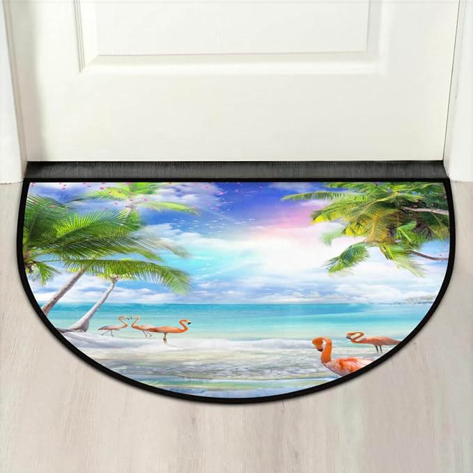 Half Round Doormat Summer Flamingo Flower Non Slip Half Circle Area Rugs Indoor Washable Half Moon Rug Semi Circle Bathroom Runner Mat Entrance Floor Carpet for Kithen Bedroom Fireplace Decor