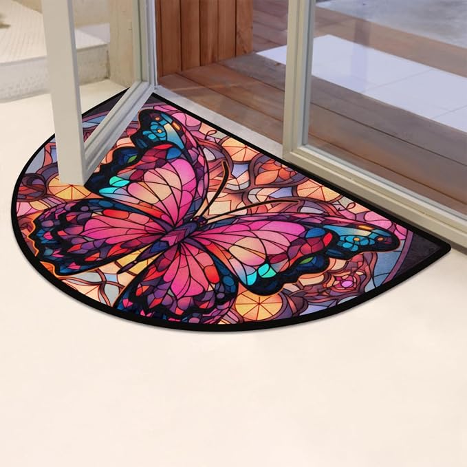 Half Round Door Mat Butterfly Glass Window Intdoor Entrance 36x24 Inch, Non-Slip Welcome Mat for Outdoor Semi Circle Bathroom Floor Rugs,House Entry Way Heavy Duty Doormat for Kitchen Living Room