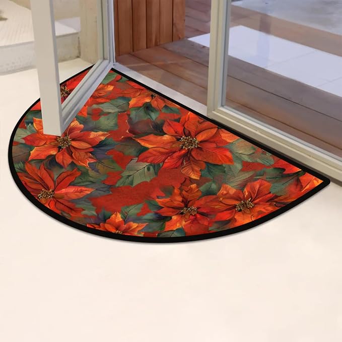 cfpolar Half Round Door Mat Christmas Poinsettia Semi Circle Non-Slip Bathroom Floor Rug, Outdoor Welcome Entrance Way Mat Indoor Absorbent Kitchen Mat for Bathroom,Garage,Bedroom 36" x 24" A-15