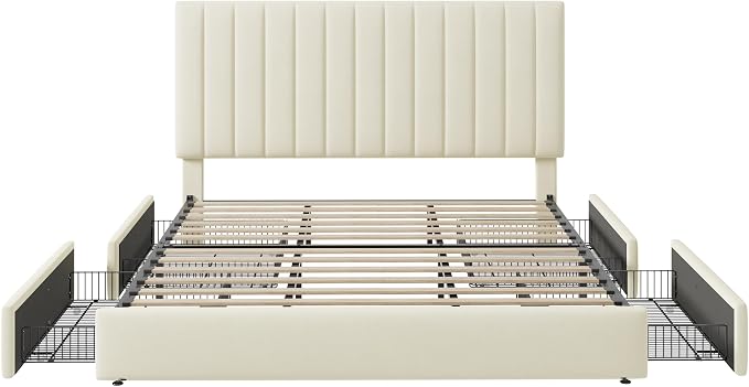 Allewie King Size Storage Bed Frame, Vertical Channel Tufted Adjustable Headboard, Velvet Upholstered Platform Bed with 4 Oversized Underbed Drawers, Wooden Slats Support, No Box Spring Needed, Cream