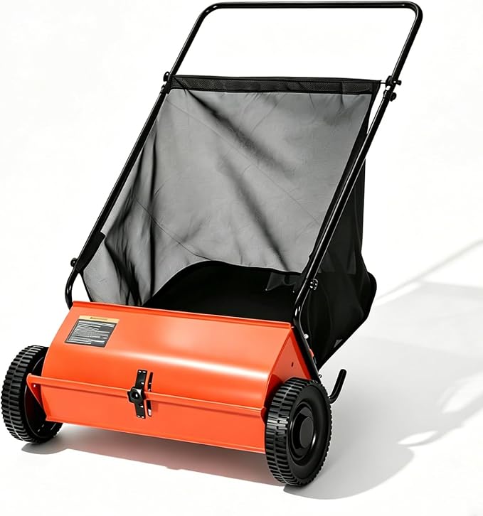 Push Lawn Sweeper, 26 in Grass Sweeper Leaf Collector with 7 Cu.ft Mesh Bag, Yard Sweeper with Adjustable Brush Height and 4 Spinning Brushes for Cleanup, Lawn Care Equipment