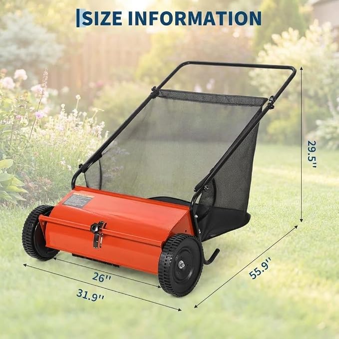 26 Inch Push Lawn Sweeper with 7 Cu ft Hopper Bag | Heavy Duty Walk Behind Leaf Collector and Yard Sweeper, Carbon Steel Push Lawn Sweeper for Garden Grass,