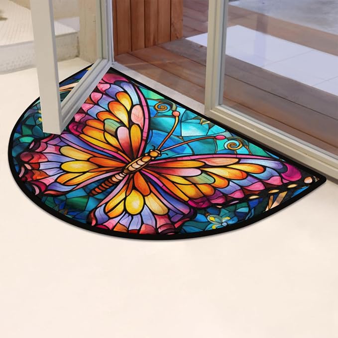 Half Round Door Mat Glass Butterfly Morocco Intdoor Entrance 36x24 In, Non-Slip Welcome Mat for Outdoor Semi Circle Bathroom Floor Rugs,House Entry Way Heavy Duty Doormat for Kitchen Living Room