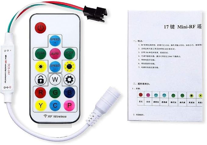 ALITOVE WS2812B WS2811 Addressable LED Controller RF Remote Wireless Mini Controller 5~24V DC for WS2812 WS2811 Dream Color Rainbow RGB LED Pixel Strip Panel Light, 3pin JST Connector 200 Color Modes