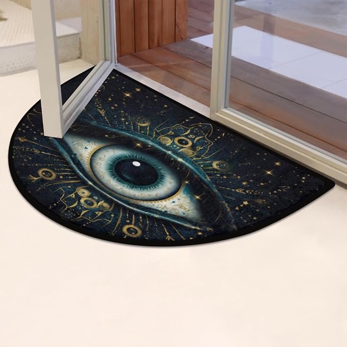 Evil Eye Bohemian Half Round Doormat Washable Semi Circle Area Rug Non Slip Absorbent Half Moon Rugs for Indoor Outdoor Kitchen Bathroom Bedroom Living Room Fireplace Floor Carpet Decor