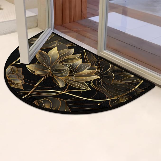 Lotus Golden Half Round Door Mat Semi Moon Rug Fireplace Carpet Area Rugs | Flower Lotus Non Slip Absorbent Half Circle Mat Carpet for Indoor Outdoor Patio Kitchen Bathroom Entryway Home Decor