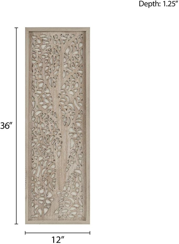 Madison Park Laurel Wall Art - Laser Cut Carved Botanical Tree Branches, Genuine Fir Wooden Framed, Rustic Finish - Modern Farmhouse Décor for Living Room, Ready to Hang Panel, 12 x 36", Grey