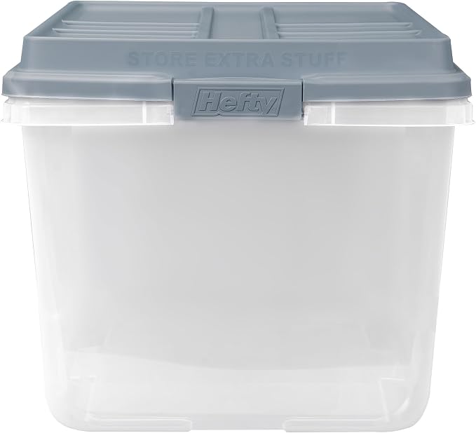 Hefty HI-RISE Stackable Storage Bins - Under Bed Storage Containers with Lids, Shoe Organizer, Plastic Storage Bins, Clear Shoe Boxes with XL Lid-Locking Latches, Durable Double Rim - 72qt (6 Pack)