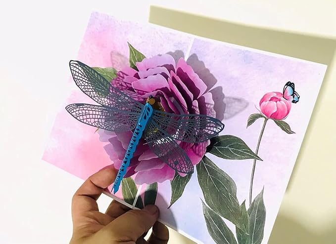 ETA Dragonfly & Flower 3D Pop-Up Greeting Card Set – Pack of 3 Nature-Inspired Cards with Envelopes – Elegant Handmade Cards for Birthdays, Mother’s Day, Thank You & Special Occasions, Set 16