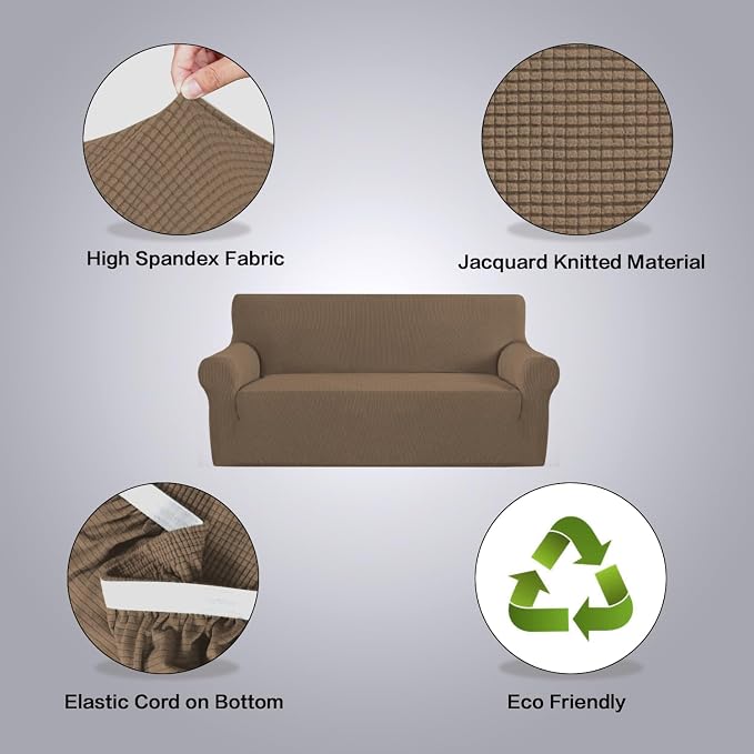 H.VERSAILTEX Stretch Sofa Covers for 3 Cushion Couch Covers Sofa Slipcovers for Living Room Feature Thick Checked Jacquard Fabric with Elastic Bottom(X-Large Sofa 101"-110" Wide, Macchiato)