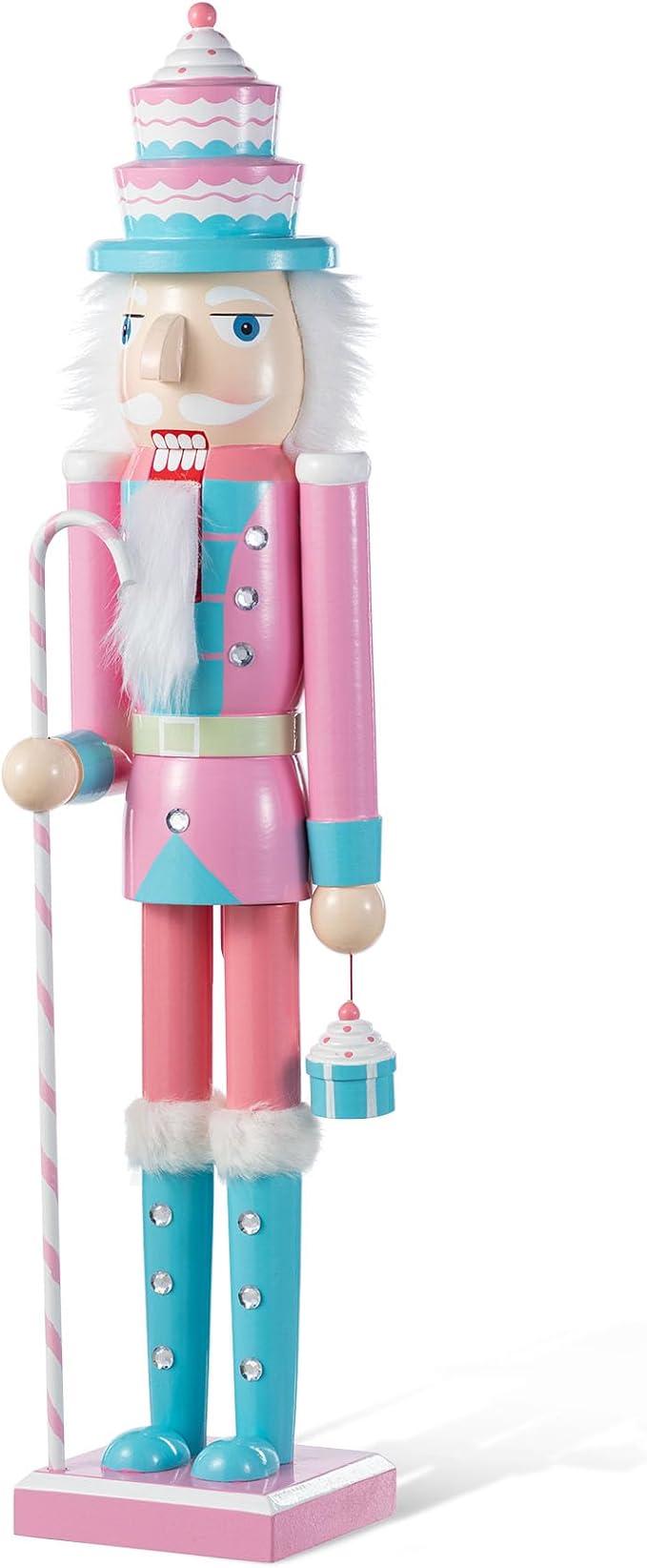 Glitzhome Nutcracker Christmas Decorations 24 Inch Wooden Nutcracker Soldier with Candy Cane & Cupcake for Xmas Holiday Decor Porch Gateway