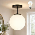 Globe Semi Flush Mount Ceiling Light, Mid Century Modern Light Fixture Ceiling, Milk Glass with Matte Black Finish, Living Room Kitchen Bedroom Hallway Storage Schoolhouse Laundry(LED Bulb Incl.)