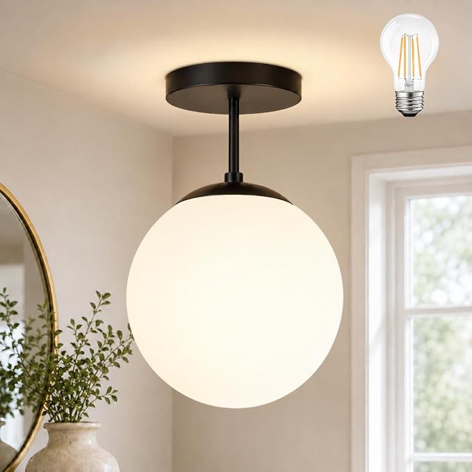 Globe Semi Flush Mount Ceiling Light, Mid Century Modern Light Fixture Ceiling, Milk Glass with Matte Black Finish, Living Room Kitchen Bedroom Hallway Storage Schoolhouse Laundry(LED Bulb Incl.)