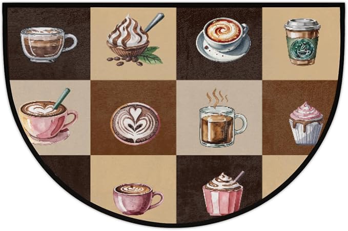 Coffee Half Round Doormat Non-Slip Semi Circle Rug Half Moon Mat | Brown Cup Washable Soft Absorbent Indoor Outdoor Entrance Kitchen Bathroom Sink Patio Welcome Fireplace Floor Rug