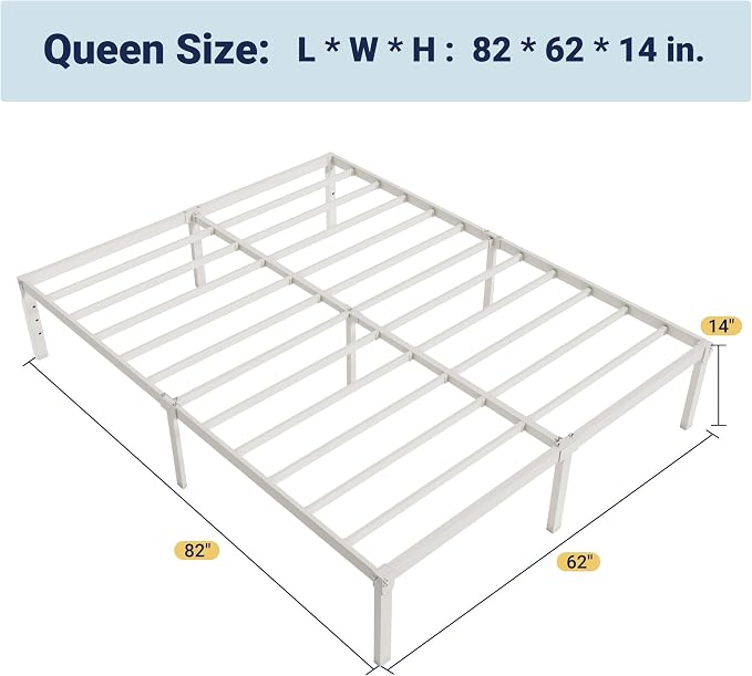 Allewie Queen Bed Frame, 14 inch Metal Beds with Storage Space, White | Heavy-Duty Metal Platform Beds, Large Under-Bed Storage Space, No Box Spring Needed, Easy Assembly