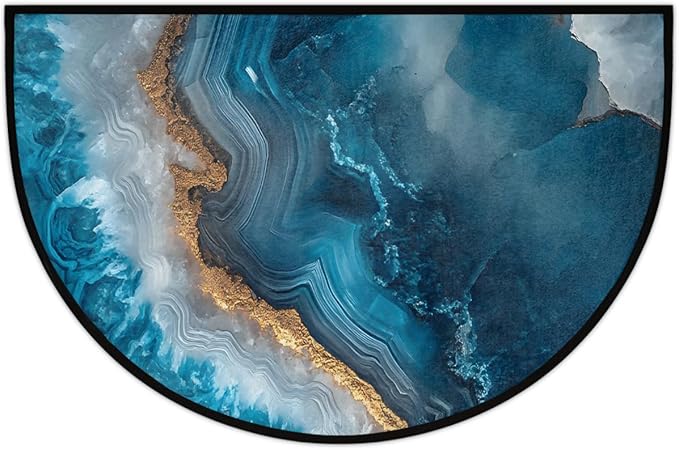 Modern Marble Blue Half Round Door Mat Half Moon Rug Washable Half Circle Area Rugs Indoor Entrance Non Slip Semi Circle Bathroom Rugs Floor Carpet for Kithen Bedroom Fireplace Decor