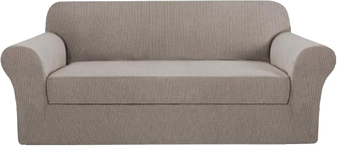 H.VERSAILTEX High Stretch Sofa Cover 2 Pieces Couch Covers Stylish Furniture Cover/Protector Soft with Spandex Jacquard Checked Pattern Fabric Suit for T Cushion/Box Cushion (Sofa 72"-88", Taupe)
