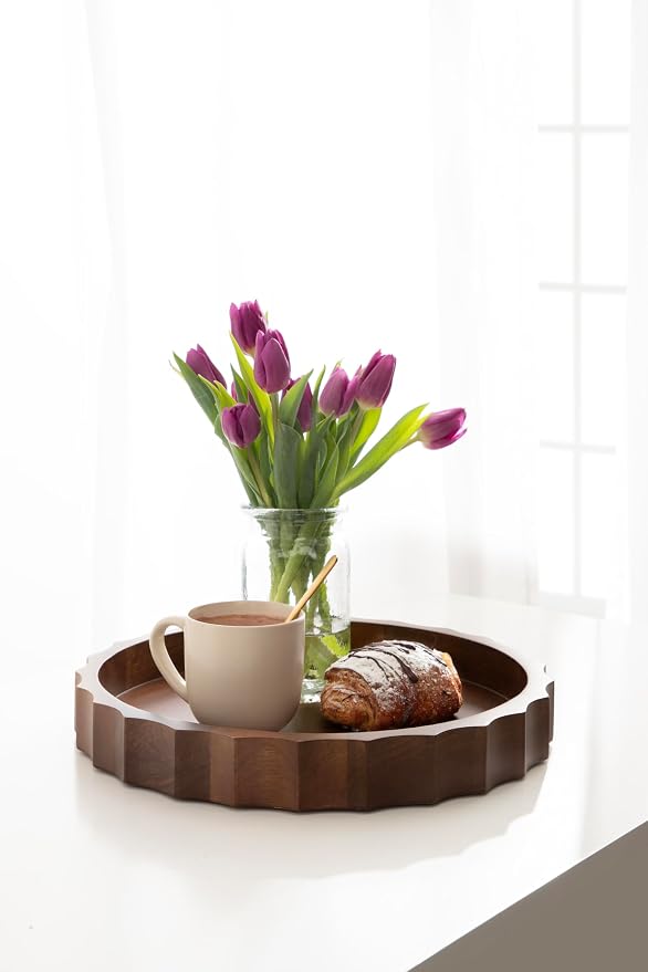 Kate and Laurel Lissi Decorative Round Tray with Wavy Design; 15 Inch Diameter; Walnut Brown; Mid-Century Modern Scalloped Circle Serving Tray for Coffee Table; Ottoman; or Entryway Decor