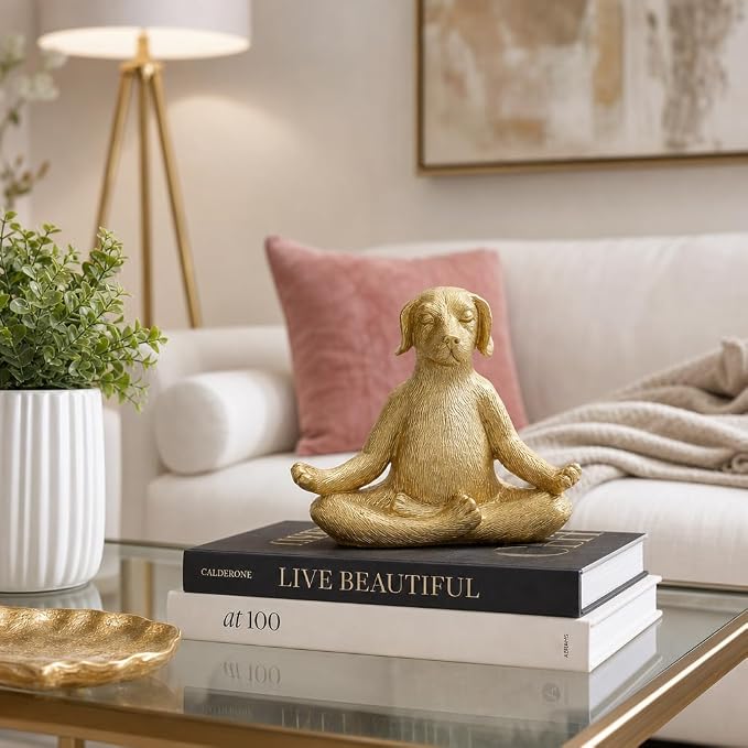 Meditating Dog Decorative Figurine – Zen Yoga Decor & Sculpture Accent – Polyresin Figurines & Sculptures Home Decor for Office, Bedroom, Living Room – 7" x 6", Gold