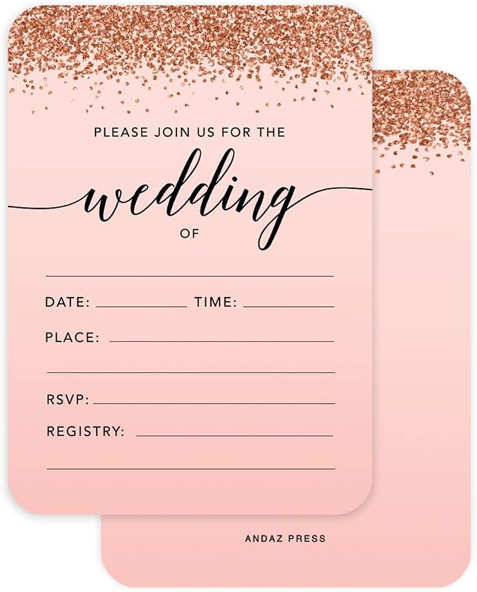 Andaz Press Blush Pink and Rose Gold Glitter Elegant Party Collection, 5x7-inch Invitations with Envelopes, Wedding, 24-Pack, Double Sided Printing, Heavy Card Stock, Includes Envelopes
