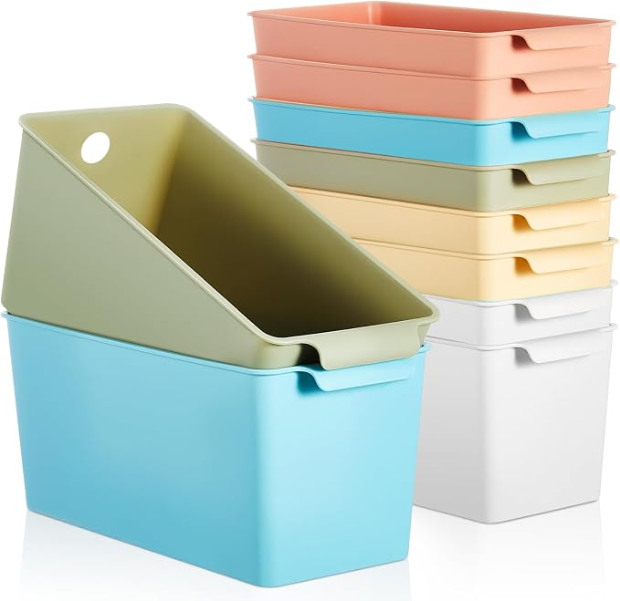 Mumufy 50 Pcs Book Bins for Easy Access Storage Basket Sturdy Book Storage Containers and Organization for Home Use, 11.2 x 5 x 5 Inch, 5 Colors